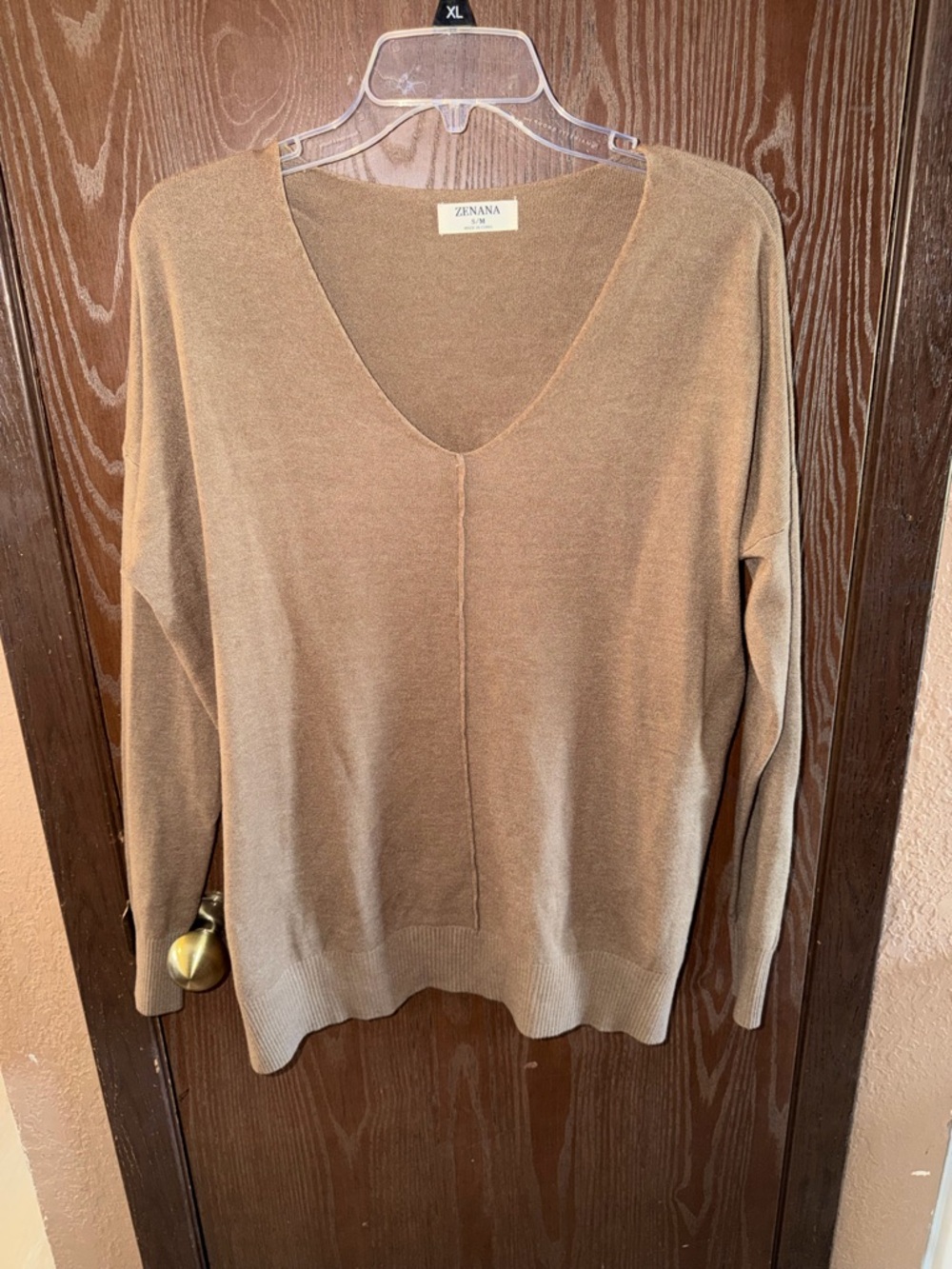 Zenana Outfitters V-Neck Long Sleeve Sweater in Camel Tan